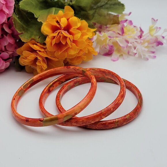 Vtg. Lacquer Wooden Bangle Bracelet 8" Orange Set Of 3 Retro Boho Stackable - Picture 1 of 9
